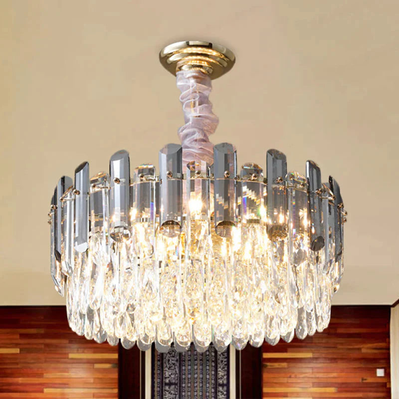 Layered Drum Crystal Chandelier Contemporary 5 - Light Dining Room Ceiling Suspension Lamp In Gold