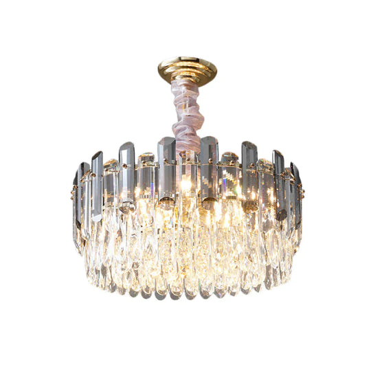 Layered Drum Crystal Chandelier Contemporary 5 - Light Dining Room Ceiling Suspension Lamp In Gold