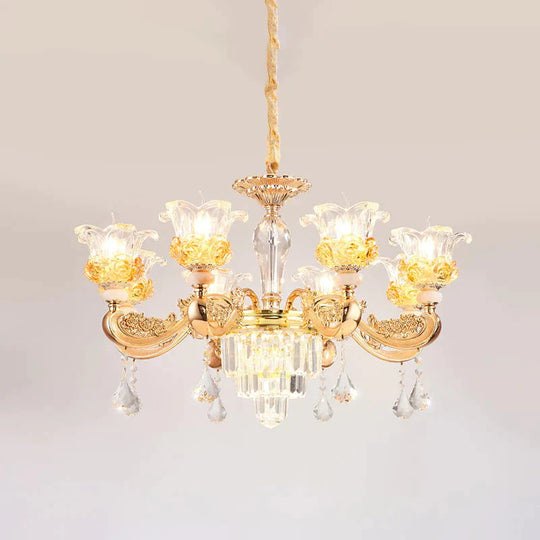 Crystal Flowers Up Chandelier Traditional 8 Bulbs Living Room Pendant Light Fixture In Gold