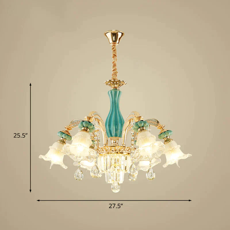 6 - Head Drooping Flower Chandelier Retro Gold - Teal Frosted Glass Suspension Lamp With Crystal