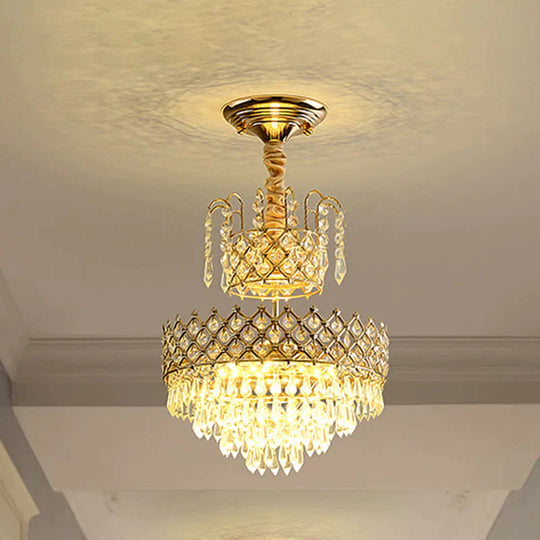 Gold Led Ceiling Pendant Lamp Vintage Crystal Layered Cone Shaped Chandelier For Corridor