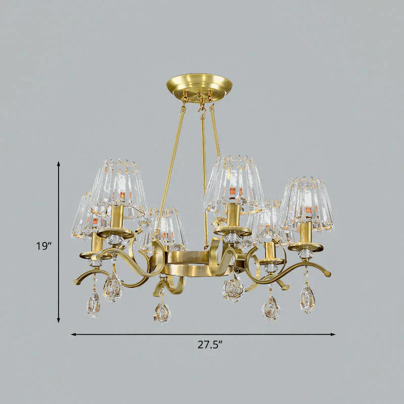 Gold Finish Wheel Chandelier Postmodern Metal 6 - Head Living Room Hanging Lamp With Cone Crystal