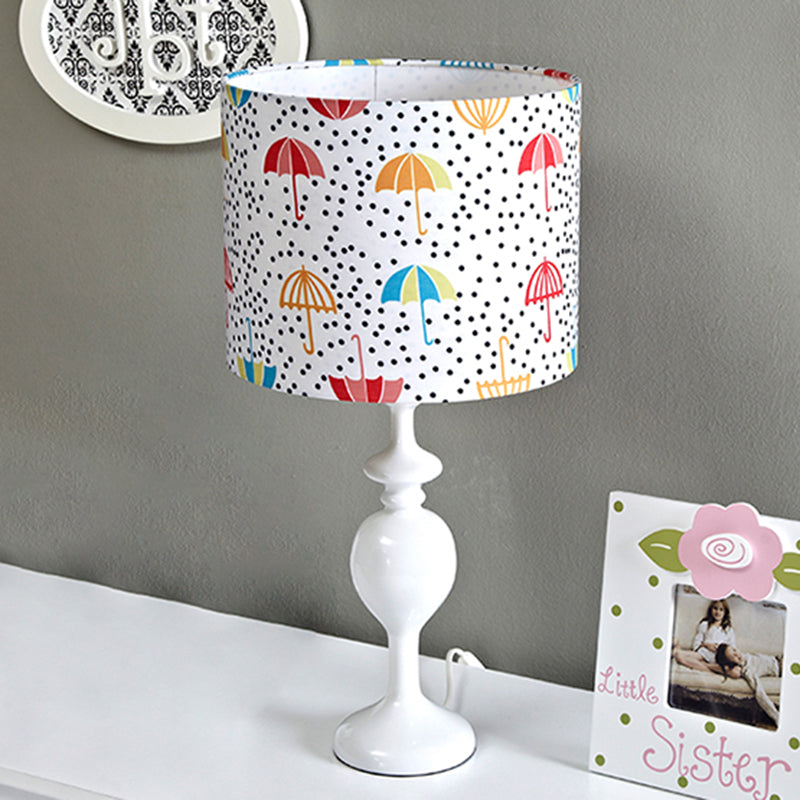 Licia - Resin Drum Desk Light: Contemporary White Nightstand Lamp With Fabric