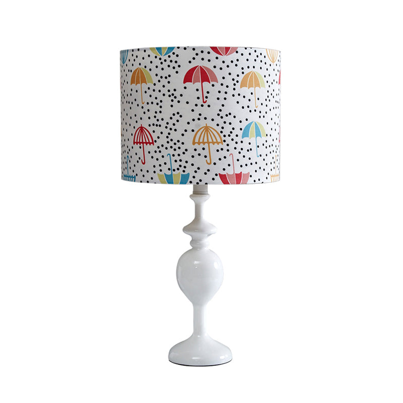 Licia - Resin Drum Desk Light: Contemporary White Nightstand Lamp With Fabric