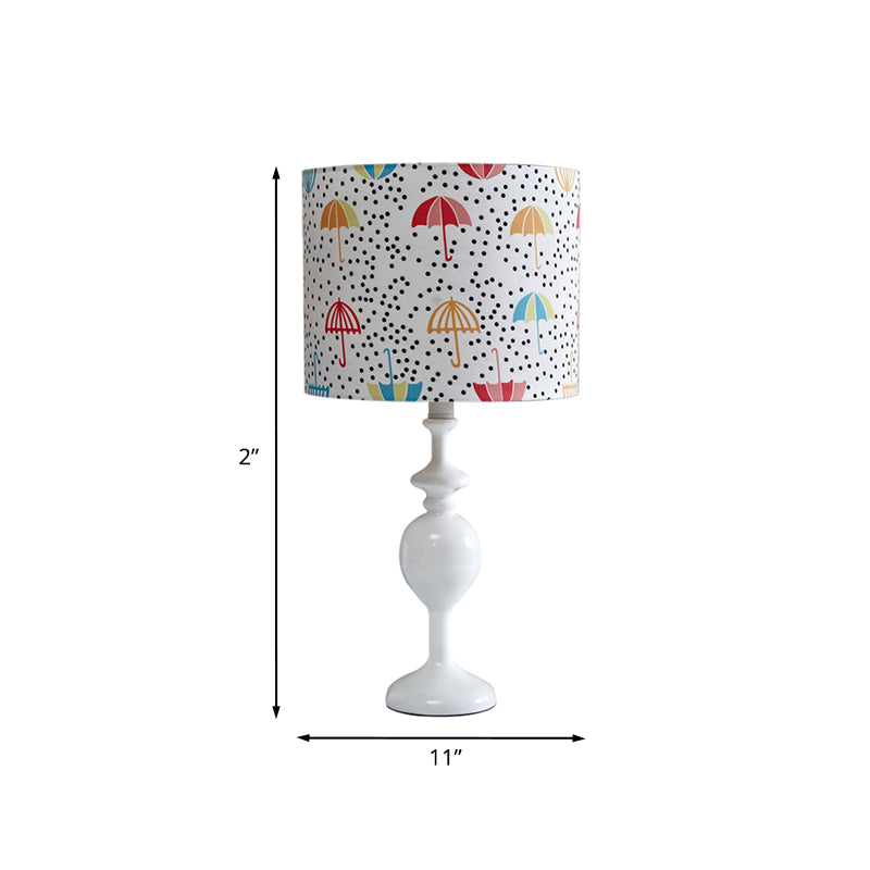 Licia - Resin Drum Desk Light: Contemporary White Nightstand Lamp With Fabric