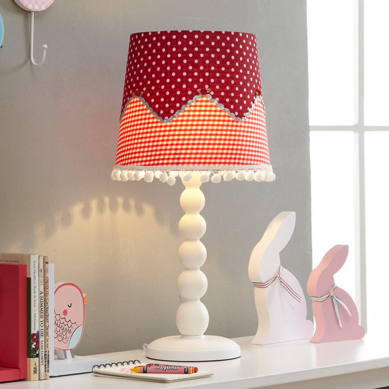 Alshat - Wooden Barrel Desk Lamp With Red Fabric Shade For Bedroom