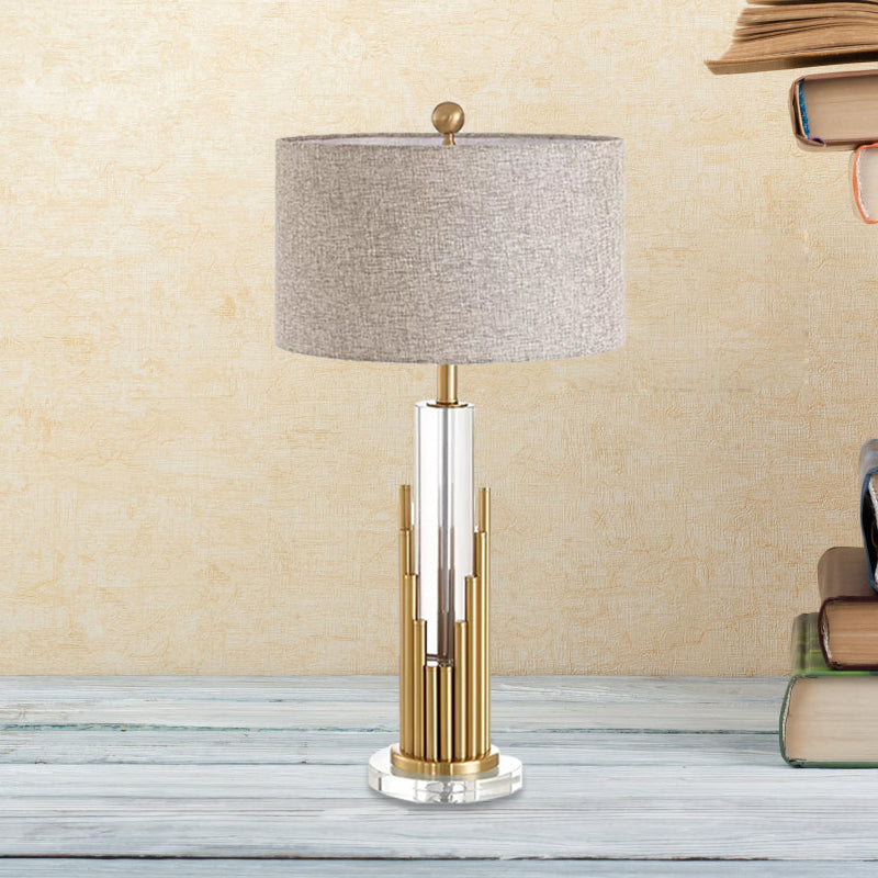 Ankaa - Modernist Round Shade Fabric Night Light 1 Head Flaxen Table Lamp With Gold Fluted Base