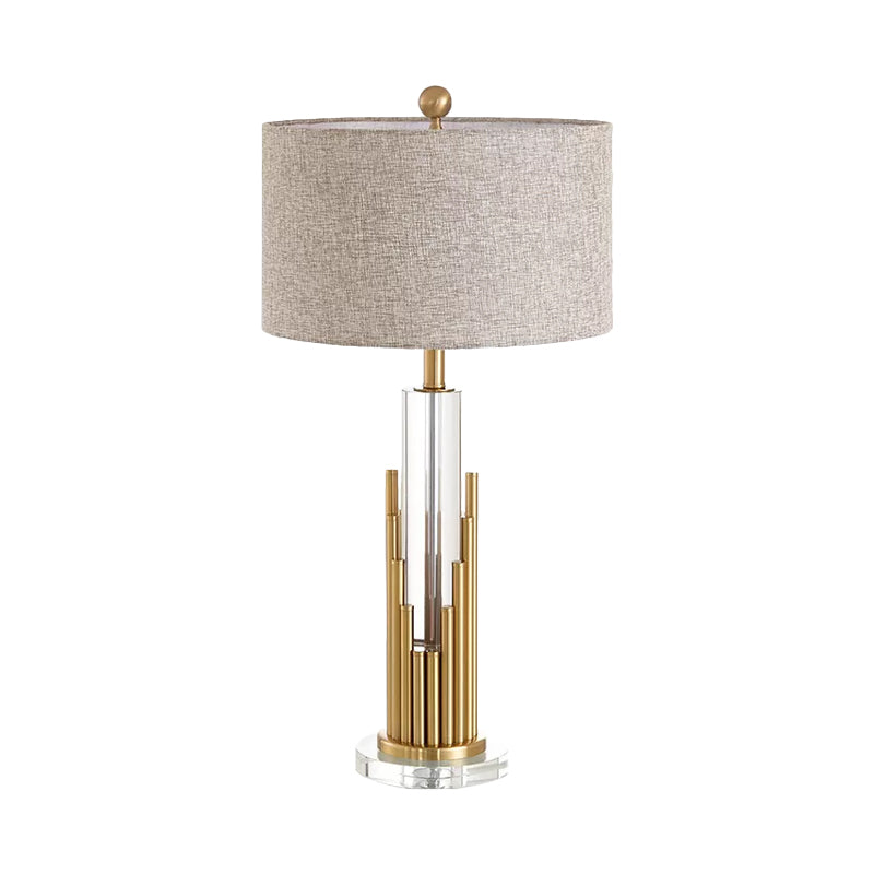 Ankaa - Modernist Round Shade Fabric Night Light 1 Head Flaxen Table Lamp With Gold Fluted Base