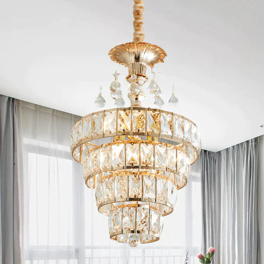 4 - Tier Cone Crystal Drop Lamp Traditional 5 Lights Living Room Chandelier Pendant In Gold