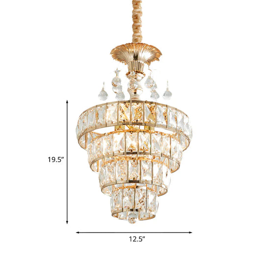 4 - Tier Cone Crystal Drop Lamp Traditional 5 Lights Living Room Chandelier Pendant In Gold