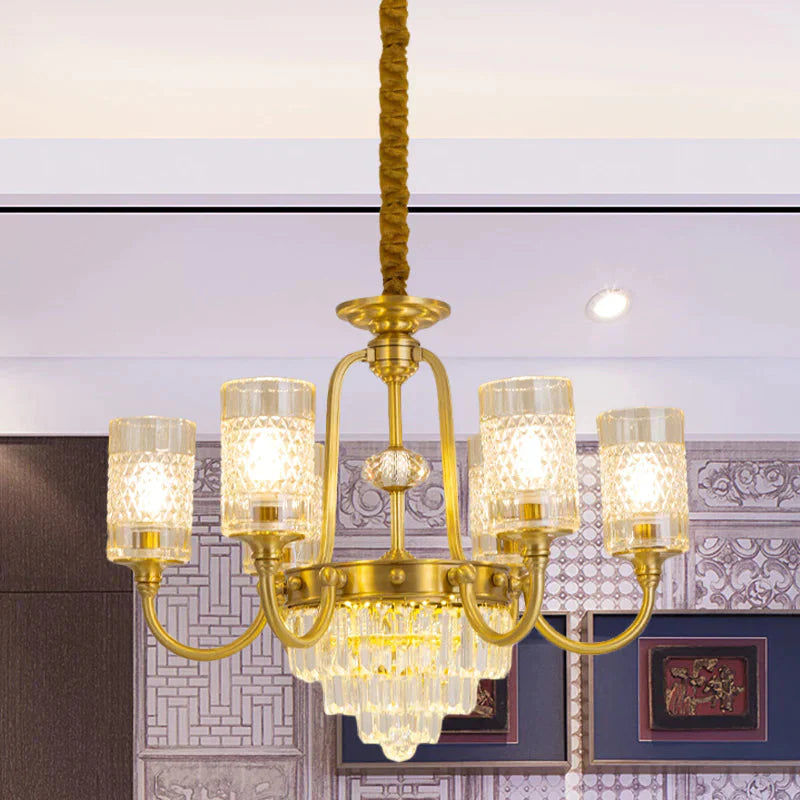 6 - Light Pillar Hanging Chandelier Postmodern Gold Textured Glass Pendant Lamp With Tiered Crystal