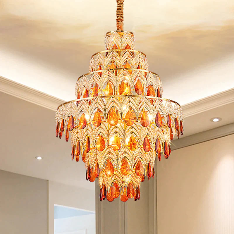 7 - Tier Tapered Dining Room Hanging Light Retro Tan Crystal 8 Heads Gold Chandelier Pendant