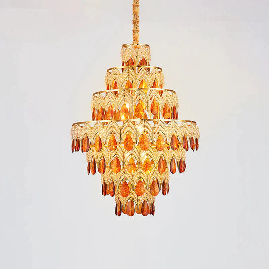 7 - Tier Tapered Dining Room Hanging Light Retro Tan Crystal 8 Heads Gold Chandelier Pendant