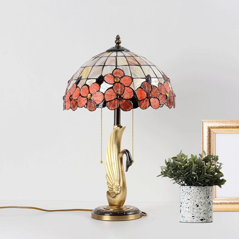 Albali - Pink Flower - Edge Grid Glass Night Lamp Tiffany 2 - Light Gold Pull Chain Table Lighting