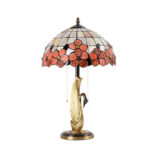 Albali - Pink Flower - Edge Grid Glass Night Lamp Tiffany 2 - Light Gold Pull Chain Table Lighting