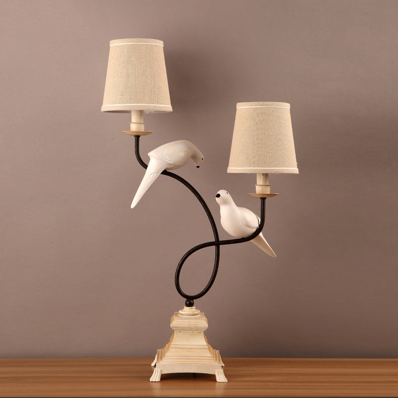 Elena - Modern Fabric Barrel Shade Table Light 2 Bulbs Flaxen Reading Lamp With Pigeons Deco