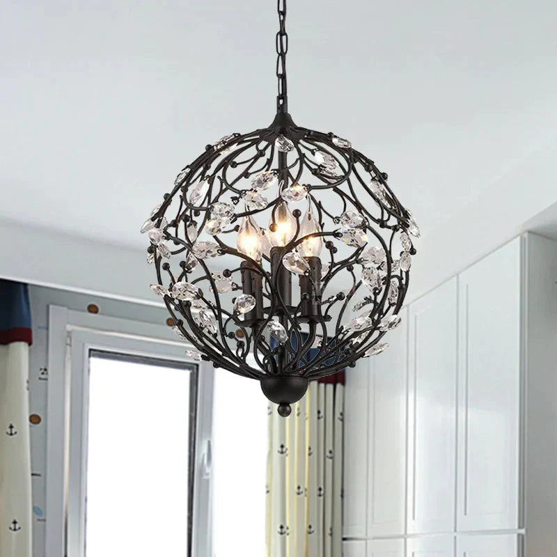 European Globe Hanging Chandelier 3 - Head Beveled Glass Crystal Suspension Lamp In Black