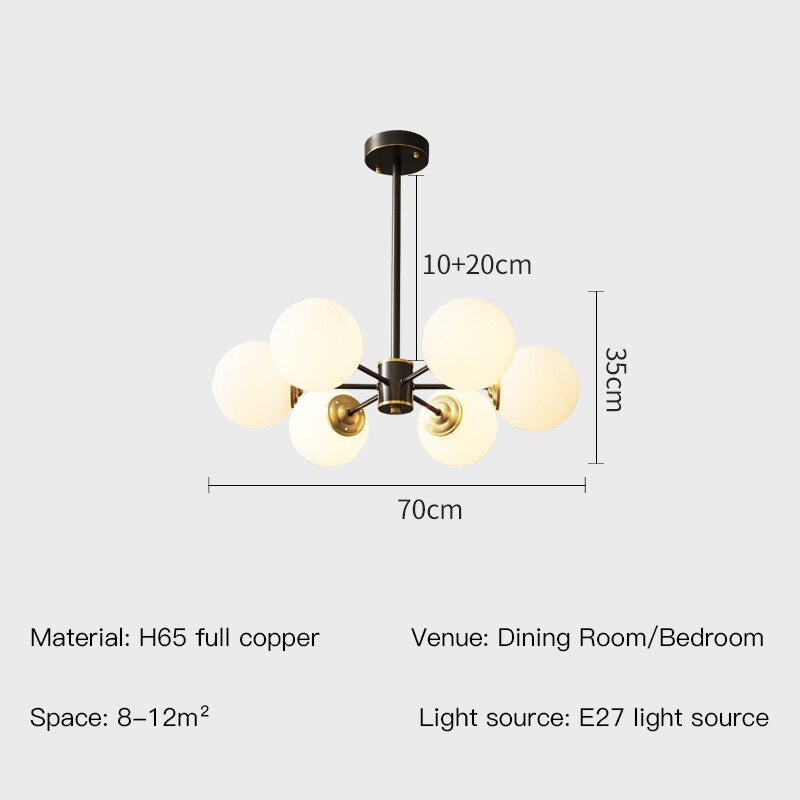 Modern Nordic Black Copper Led Chandelier For Living Room Bedroom Dining Kitchen Ceiling Lamp Glass