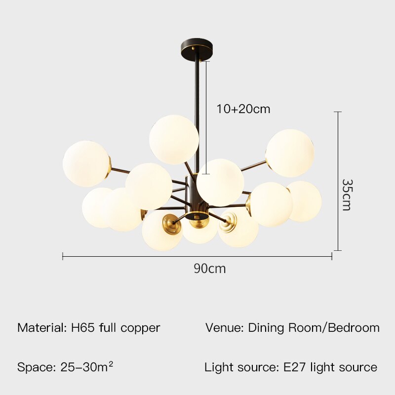 Modern Nordic Black Copper Led Chandelier For Living Room Bedroom Dining Kitchen Ceiling Lamp Glass