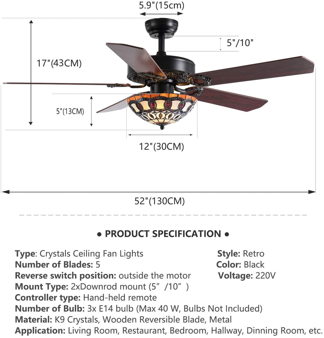 Retro Fandelier With Remote - Features Reversible Black Wood Blades And Tiffany Glass Ideal For