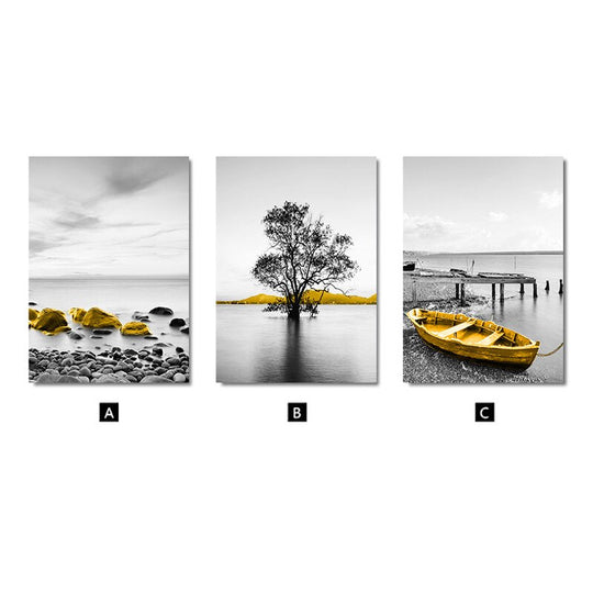 Lake Pier Landscape Canvas - Golden Boat Nordic Poster For Home Decor 15X20Cm No Frame / 3Pcs