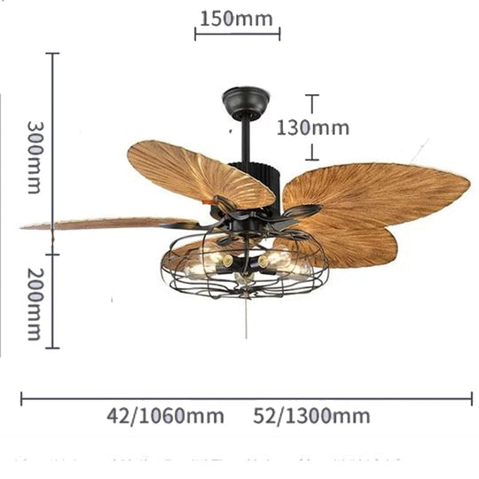 42/52 - Inch Tropical Ceiling Fan - Bronze Industrial Design With Five Palm Leaf Blades Damp -