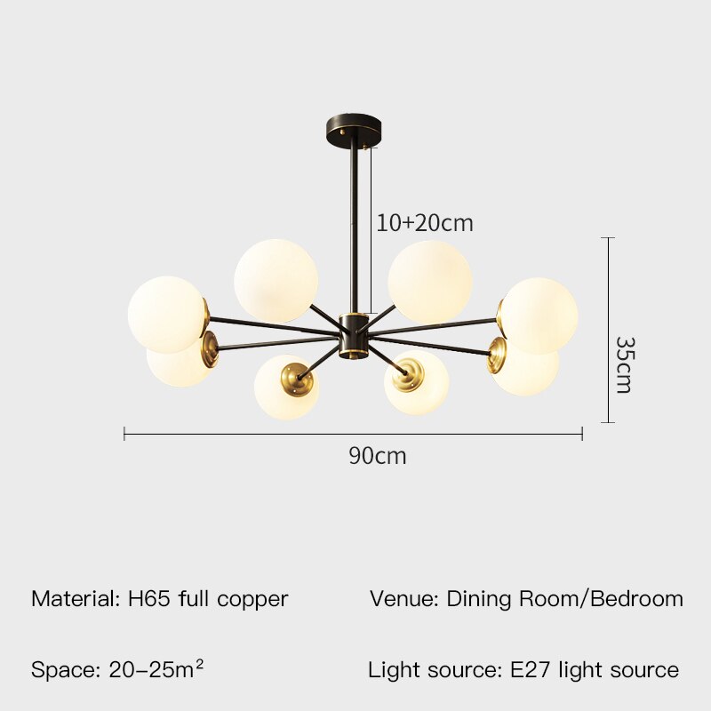 Modern Nordic Black Copper Led Chandelier For Living Room Bedroom Dining Kitchen Ceiling Lamp Glass