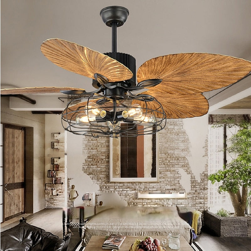 42/52 - Inch Tropical Ceiling Fan - Bronze Industrial Design With Five Palm Leaf Blades Damp -
