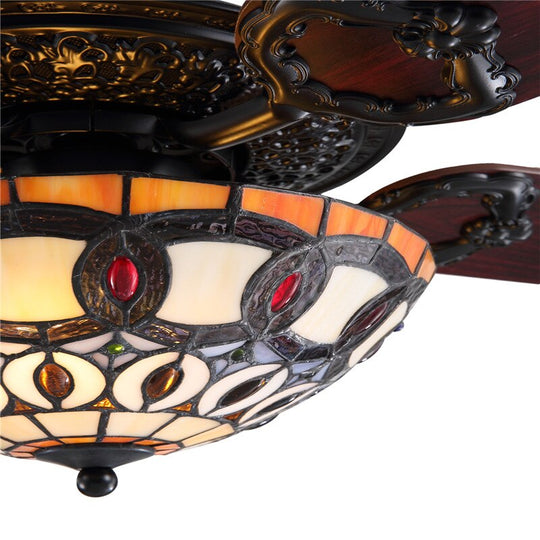Retro Fandelier With Remote - Features Reversible Black Wood Blades And Tiffany Glass Ideal For