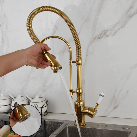 Golden Spring Pull Down Kitchen Sink Faucet Hot & Cold Water Mixer Crane Tap With Dual Spout Deck