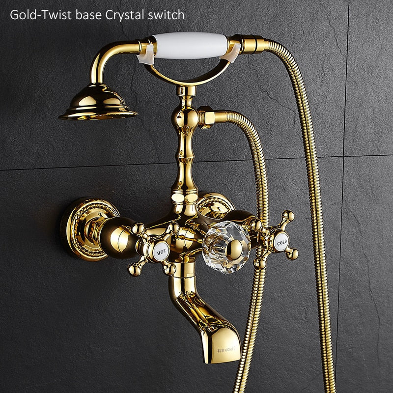 Luxury Crystal Handle Bathtub Gold Brass Faucet With Hand Shower Telephone Type Bath Faucets Sets