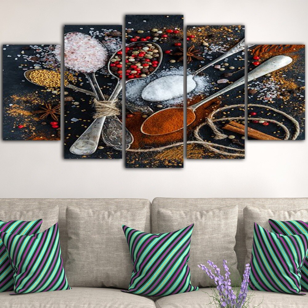 Five - Panel Canvas Wall Art Print Of Kitchen Spices Framed Painting