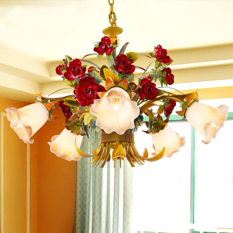 Modern Flower Led Chandelier Lighting Glass Shade Rose Lamp Living Room Decora Candle Hanging