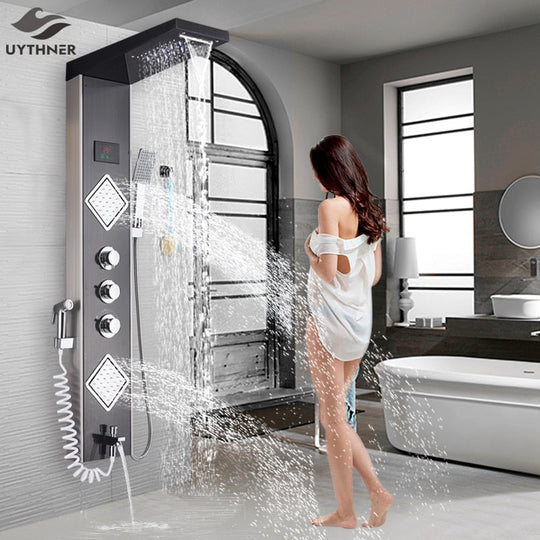 Luxury Brushed Nickle Bathroom Shower Faucet Led Panel Column Bathtub Mixer Tap W/Hand Temperature