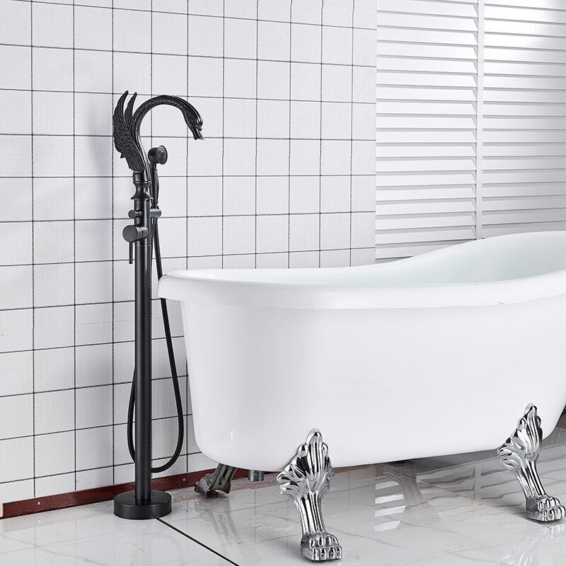 Luxury Golden Bathtub Faucet Swan 2 Features Hot And Cold Floor Standing Shower Faucet Matte Black