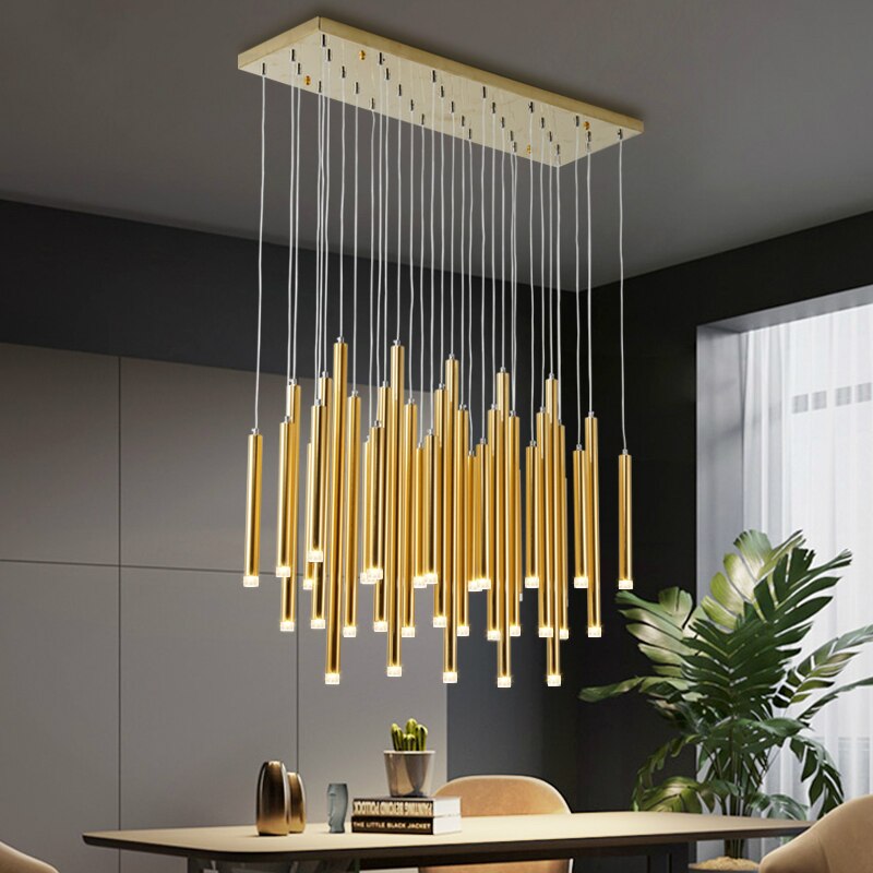 Modern Gold/Black Led Chandelier Ceiling Long Tube Combination Staircase Lighting Living Room