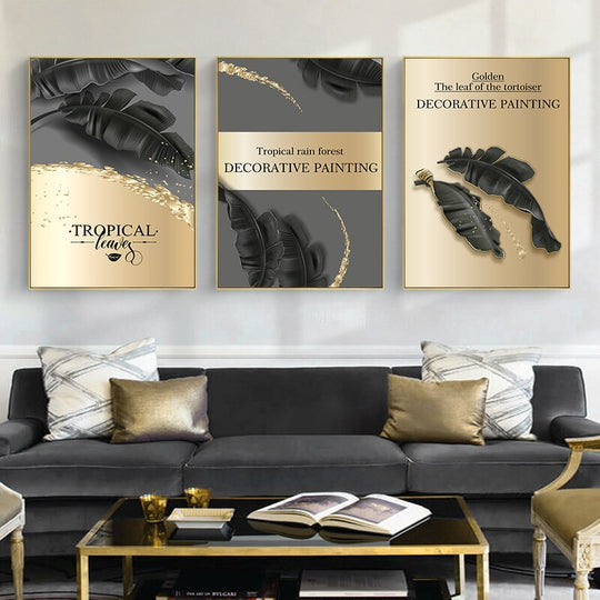 Golden Black Tropical Leaf Modern Abstract Canvas Painting - Nordic Wall Art For Living Room Decor