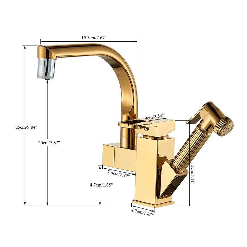 Kitchen Faucet Golden Brass Tap Bathroom Deck Mounted Pull Out Sprayer Gun Led Spout Hot And Cold
