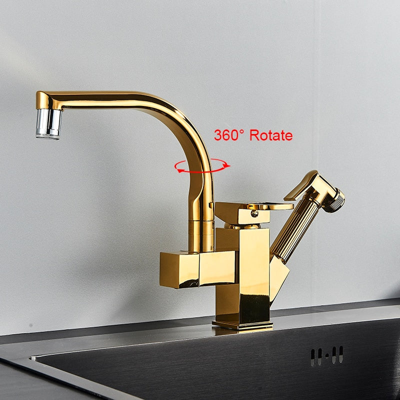 Kitchen Faucet Golden Brass Tap Bathroom Deck Mounted Pull Out Sprayer Gun Led Spout Hot And Cold