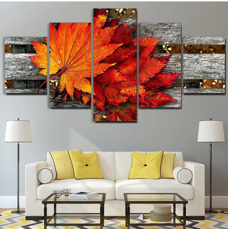 Five - Piece Hd Printed Maple Leaf Canvas Painting: Modern Modular Artwork For Living Room Wall