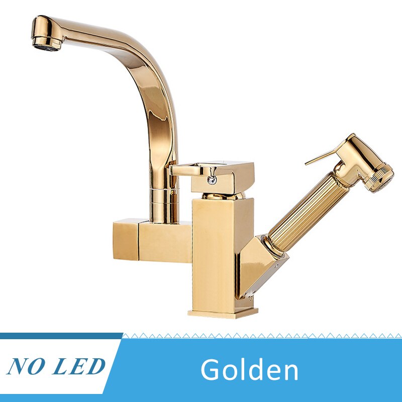 Kitchen Faucet Golden Brass Tap Bathroom Deck Mounted Pull Out Sprayer Gun Led Spout Hot And Cold