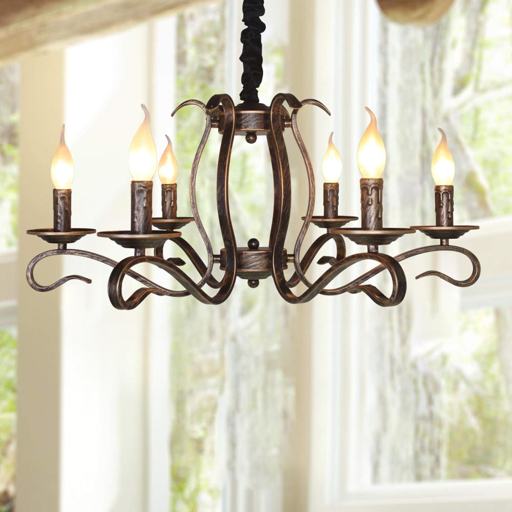 Vintage Bronze Rustic Candle Iron 6 - Lights Chandelier For Dining Room Living / W1 6|40W|E12