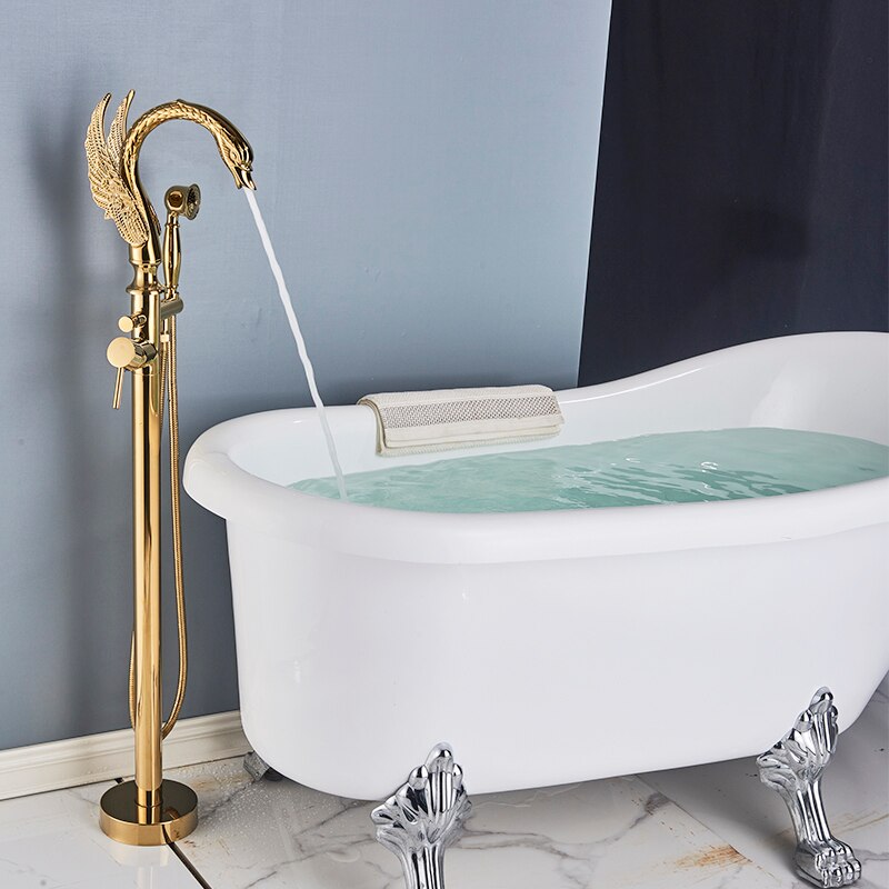 Luxury Golden Bathtub Faucet Swan 2 Features Hot And Cold Floor Standing Shower Faucet Faucets