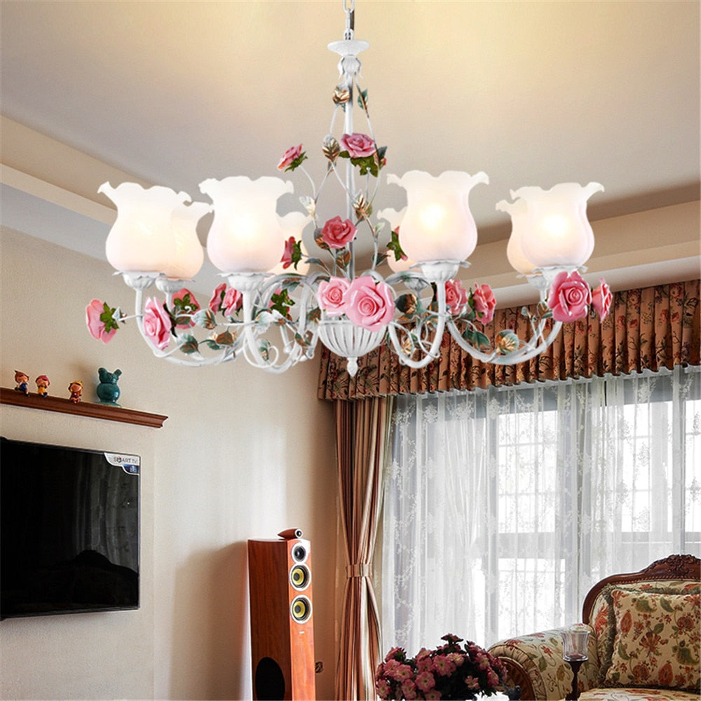 Floral E27 Led Chandelier White Flower Iron Alloy Chandeliers Dining Living Room Rose Lights Lamp