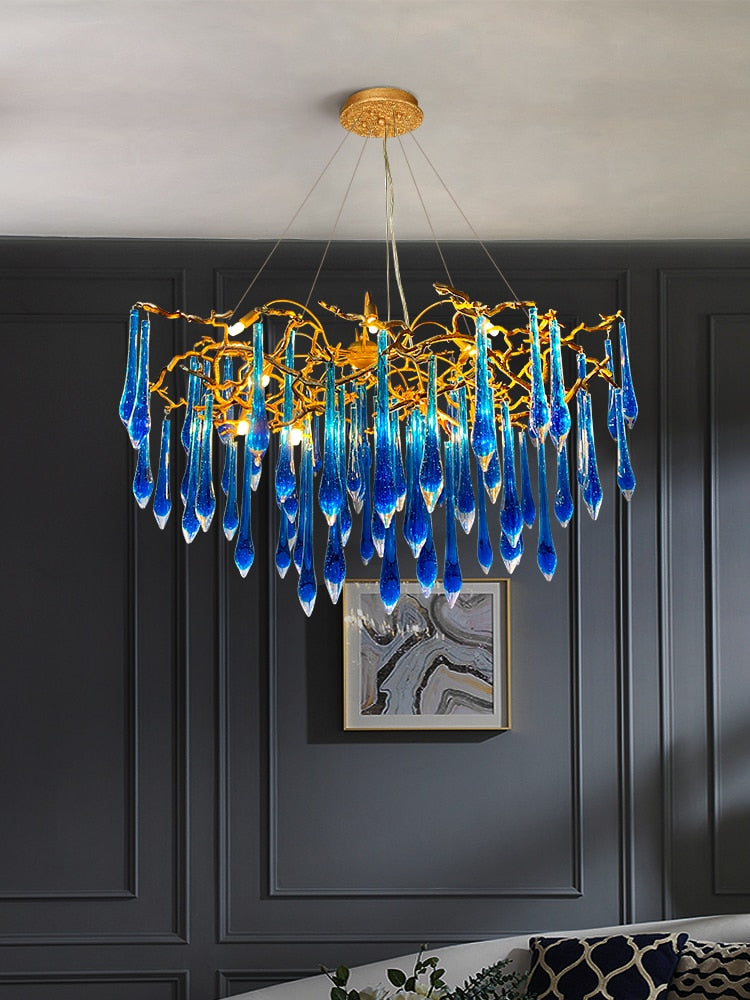 Artistic Blue Crystal Bedroom And Dining Room Light - All Copper Twigs Design Chandelier