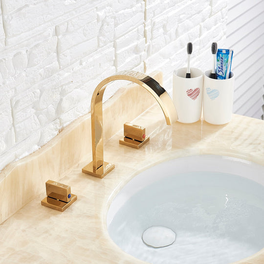 Gold Bathroom Basin Faucet Wash Sink Dual Handle Taps Deck Mounted Hot And Cold Water Mixer Tap