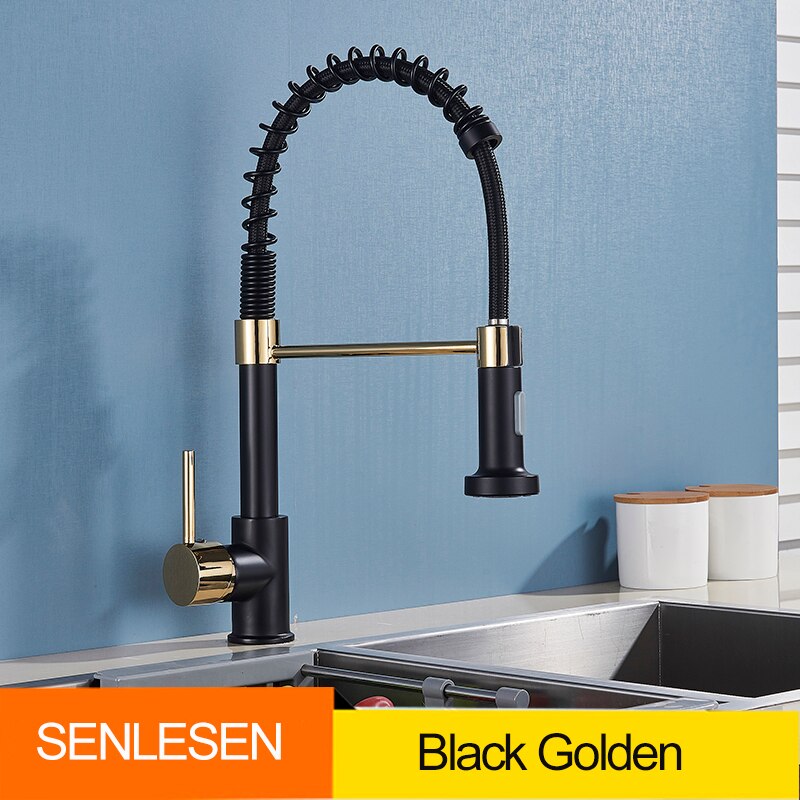 Golden Kitchen Spring Faucet Brass Deck Mount 360 Degree Rotate Stream & Sprayer Nozzle Hot Cold