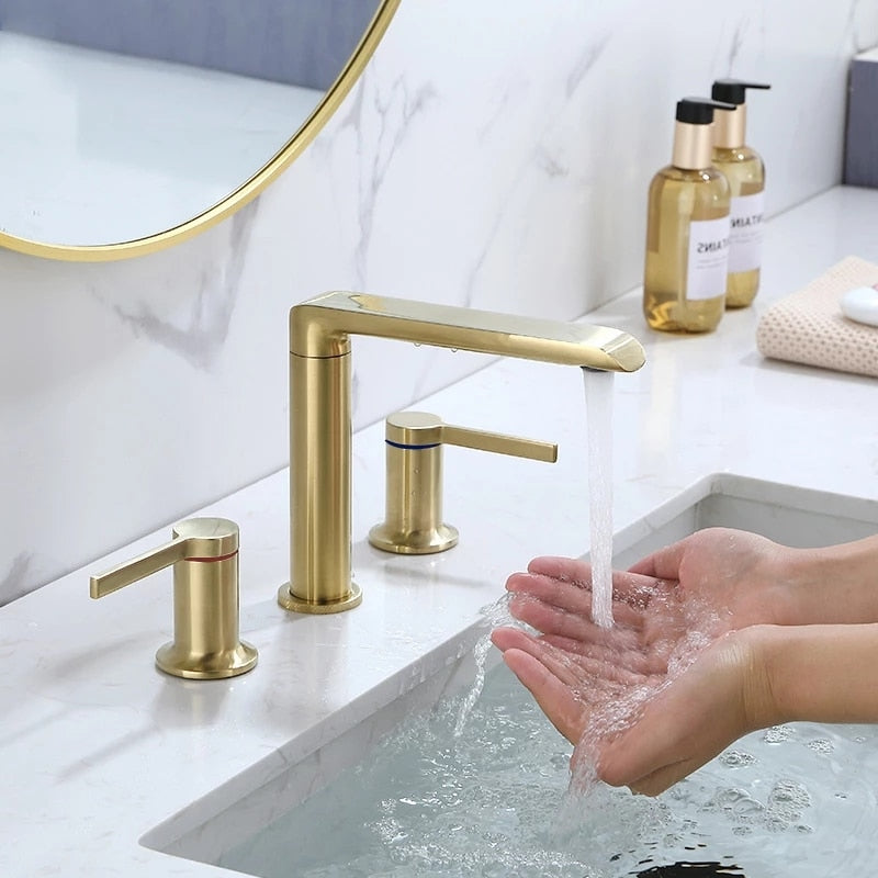 Brushed Gold Bathroom Widespread Basin Faucets Soild Brass Sink Mixer Hot & Cold Lavatory Crane