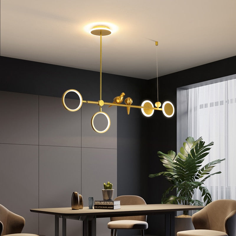 Nordic Light Luxury Golden Ring Bird Led Pendant For Living Room Dining Table And Bar Counter