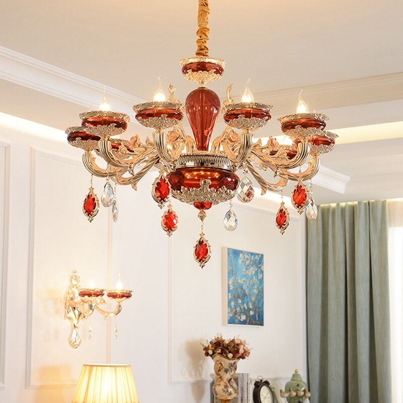 Modern European K9 Crystal Zinc Alloy Rose Golden Red Chandeliers 6/8/10 Lights Dinning Room Living